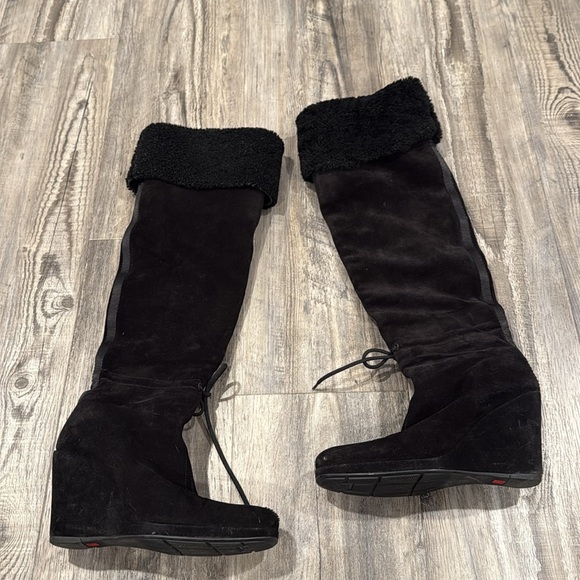 Prada Sport Black Suede Wedge Tall Shearling Leather Boots Size 38 - Picture 3 of 14